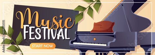 Horizontal music-themed banner with a grand piano and music festival text. Perfect for events, posters, and promotions.

