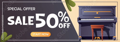 Horizontal promotional music banner with upright piano and sale text. Ideal for music store ads, websites, and special offers.