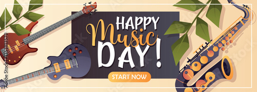 Horizontal music banner with electric guitars and saxophone celebrating music day. Great for ads, social media, or event posters.