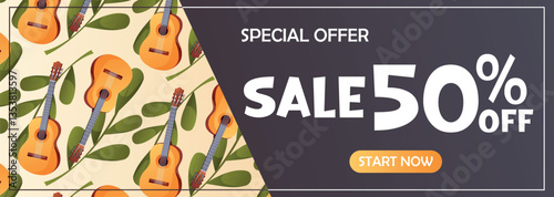 Horizontal music banner with a classical guitar pattern and fifty percent discount text. Great for seasonal sales and promotions.