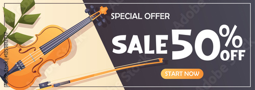 Elegant horizontal banner featuring violin and bow with green leaves, designed for musical promotions and seasonal discounts.
