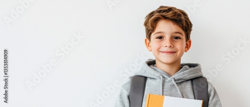 Student with backpack and book smiling