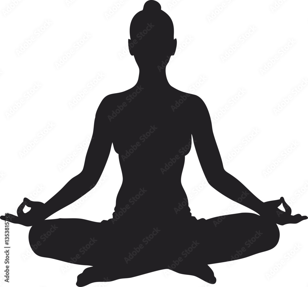 Silhouette of Serenity: A serene silhouette of a woman in lotus position, radiating peace and tranquility, perfect for illustrating wellness.