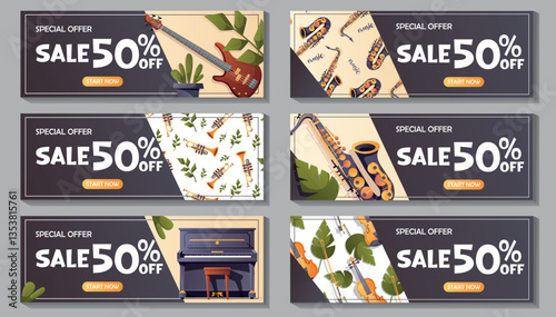 Set of creative horizontal vector banners with musical instruments and special offer of fifty percent discount. Ideal for promotions, sales or music-related advertisements.
