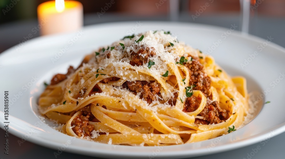 Delicious Plate of Pasta Garnished with Meat and Cheese for Dinner Delicious Plate of Pasta Garnished with Meat and Cheese for Dinner