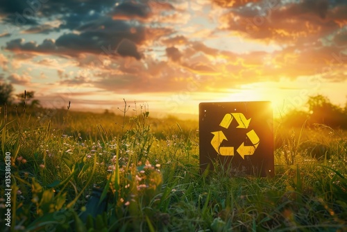 Clear Pixel Visual of Illuminating Recycle Sign in Sunset Meadow