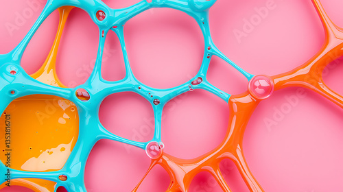 Abstract Cell Structure Network with Liquid Fillings in Orange Blue Colors on Pink Background