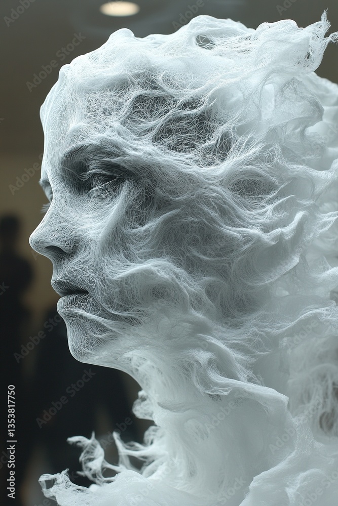 Ethereal face profile is veiled in wispy, flowing material, bright lighting Ethereal face profile is veiled in wispy, flowing material, bright lighting