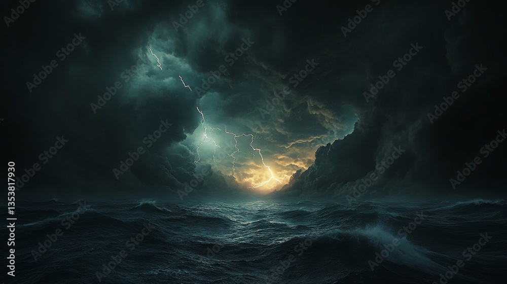 Fototapeta premium Turbulent seascape with lightning illuminating ominous clouds over ocean