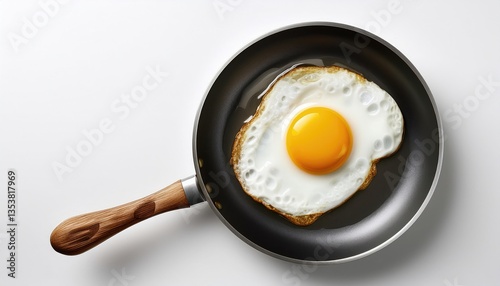 Fried eggs in a frying pan on a white background top view
