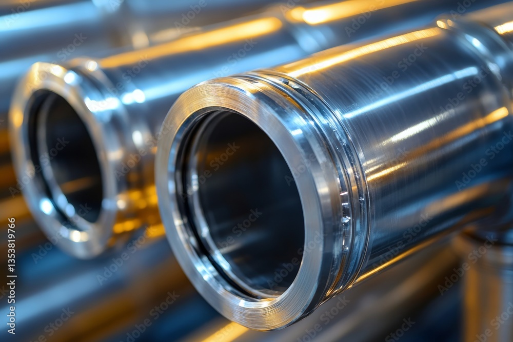 Naklejka premium Close-up of polished stainless steel industrial pipes with golden reflections. The smooth metallic texture and structured composition create a high-tech, futuristic, and engineering-focused aesthetic.