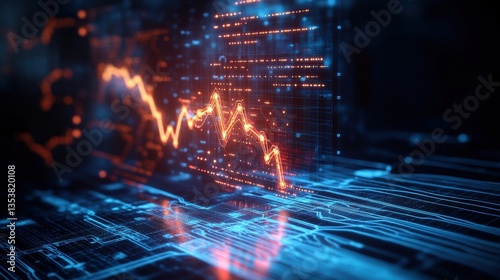 Digital rende of a downward-trending orange stock market graph overlaying a futuristic circuit-board background with glowing blue data streams visually represented