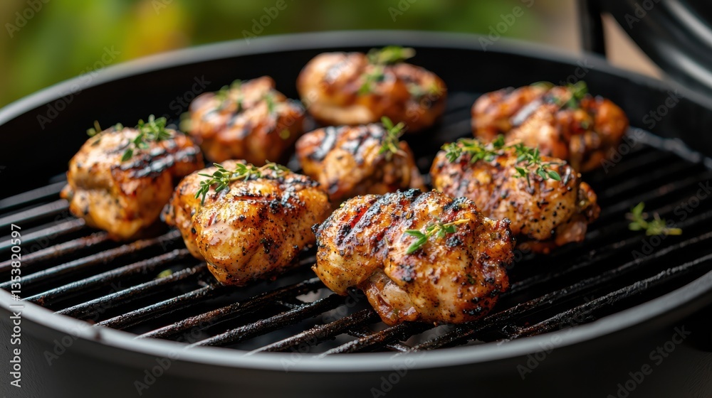Delicious Grilled Chicken on Charcoal Grill Surrounded by Fresh Herbs Delicious Grilled Chicken on Charcoal Grill Surrounded by Fresh Herbs