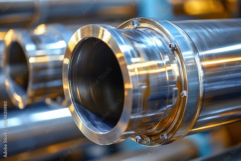 Naklejka premium Close-up of polished steel industrial pipes with bolted flanges, reflecting blue and golden light. A futuristic high-tech manufacturing setting with precision engineering and metallic symmetry.