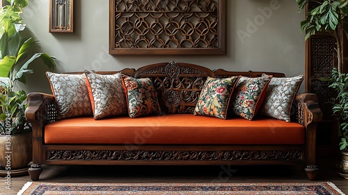 Indian-style handcrafted wooden sofa with cushions high resolution photo