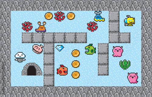 探検ゲーム風ドット絵　画面　潜水艦