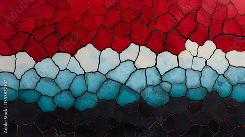 Abstract Landscape of Red White and Blue Cracked Texture Mosaic Ground Design Art
