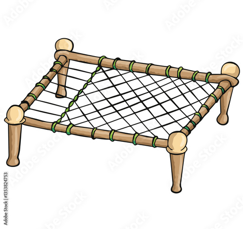 Cute cartoon hand drawn vector Asian bed or cot called charpai clipart.