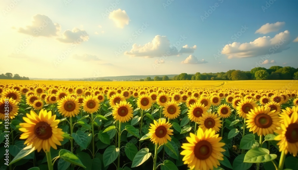 Fototapeta premium Massive sunflower field, stretching to horizon, landscape, vast