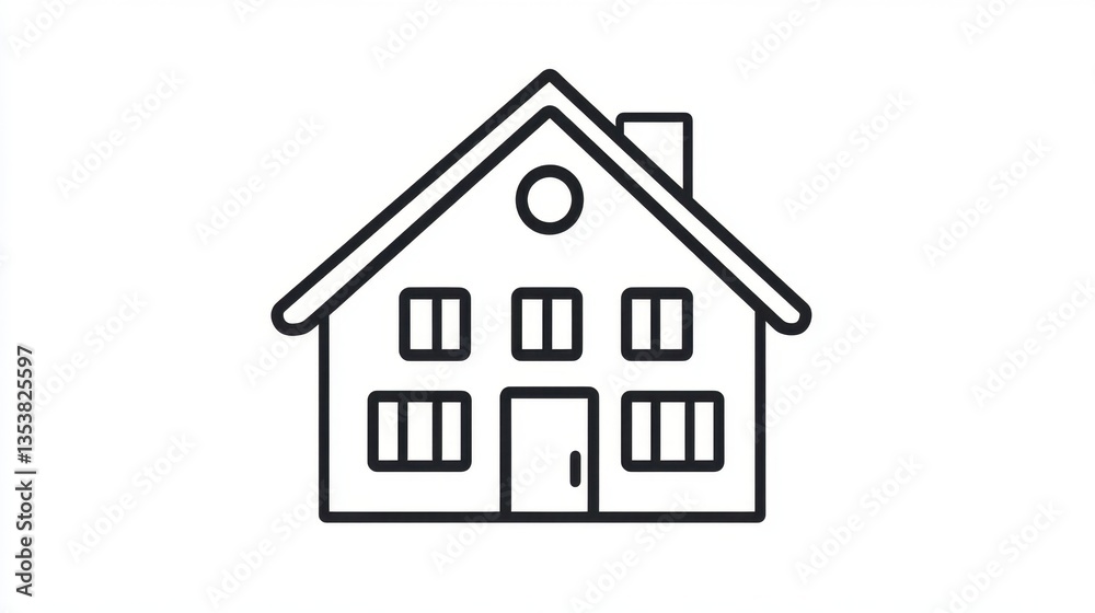 Obraz premium Line drawing of a simple house with a gabled roof, four windows, a door, and a circular window in the roof.