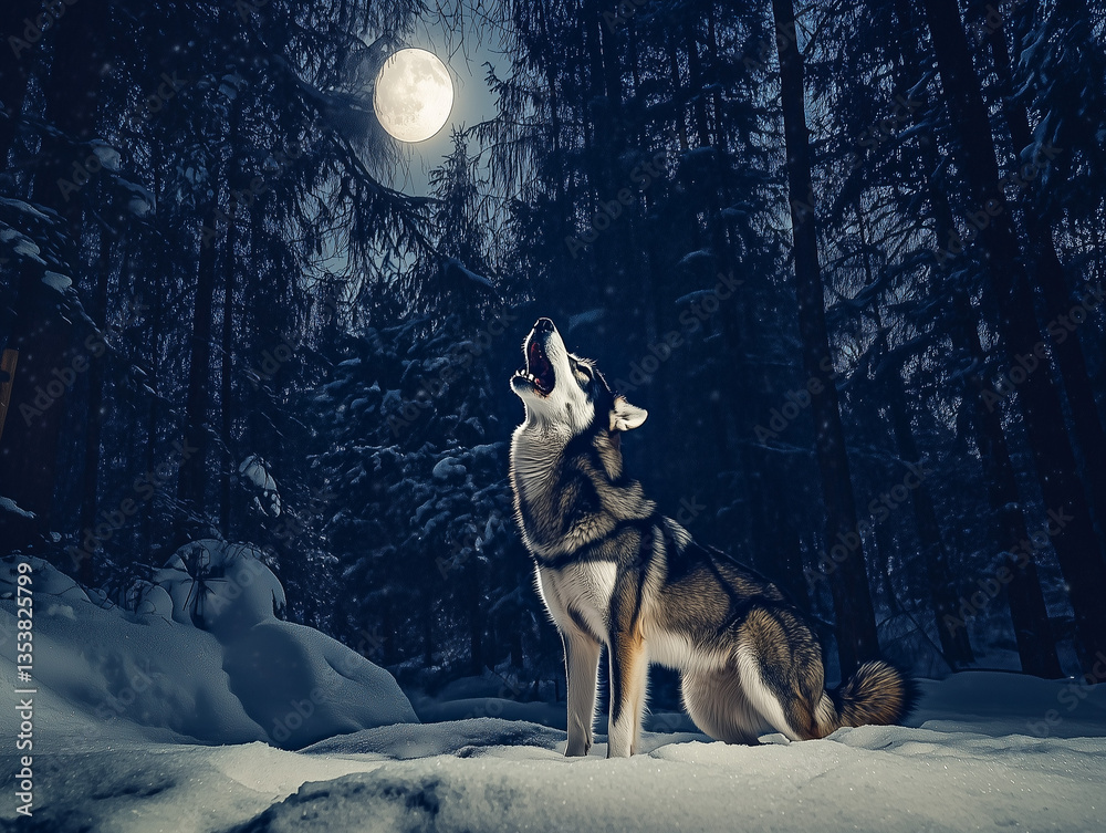 Naklejka premium Moonlit Howl: Wolf in Winter Forest