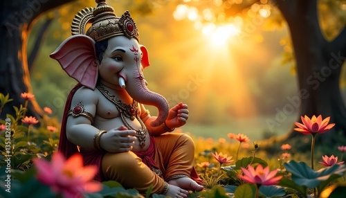 Captivating Ganesh Idol Surrounded by Lotus Flowers in a Serene Setting