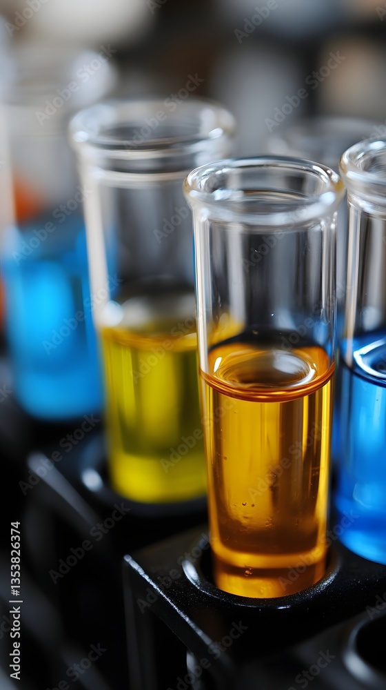 Colorful liquids in test tubes in a lab setting Colorful liquids in test tubes in a lab setting