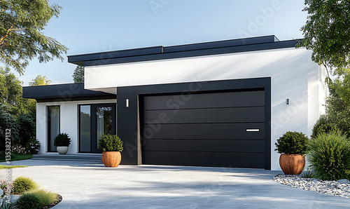 Modern black automatic garage door with sleek design and silver handle in front view