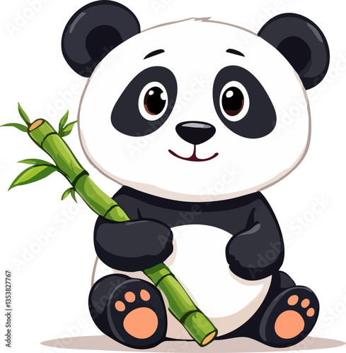 Cute Cartoon Panda Happily Holding a Bamboo Stick, Symbolizing Playfulness and Environmental Awareness in a Delightful Flat Vector Illustration