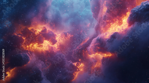 Glowing orange and yellow nebula with swirling cosmic patterns in space