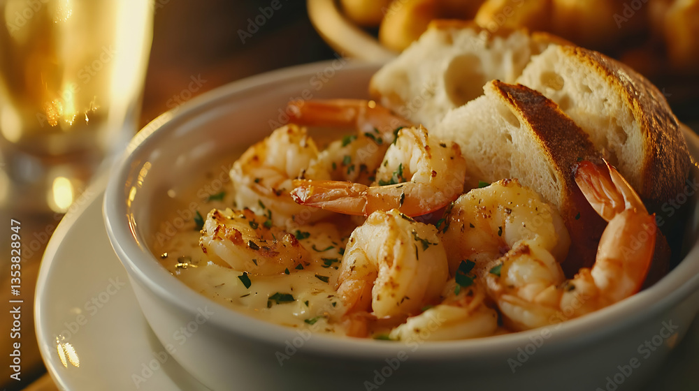 A bowl of shrimp in a creamy sauce, served with bread and a drink in the background. A bowl of shrimp in a creamy sauce, served with bread and a drink in the background.
