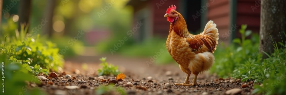 Fototapeta premium Chicken on the ground in farmyard , animal, architecture