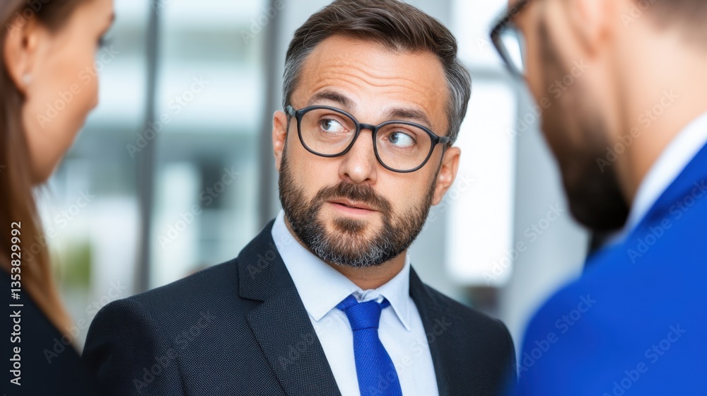 A man in a suit and glasses speaks to two colleagues in a brightly lit office. The man's expression is thoughtful and focused. The background is blurred but shows other office elements. A man in a suit and glasses speaks to two colleagues in a brightly lit office. The man's expression is thoughtful and focused. The background is blurred but shows other office elements.