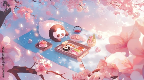 A cozy picnic scene with a panda, sushi, tea, and cherry blossoms under a pastel sky.