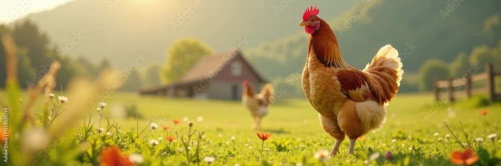 Fototapeta premium Chicken standing on white farm background, poultry, agriculture