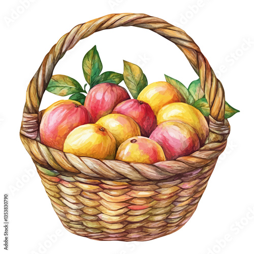 Miracle Fruit Basket, watercolor illustration, isolated on a white background.