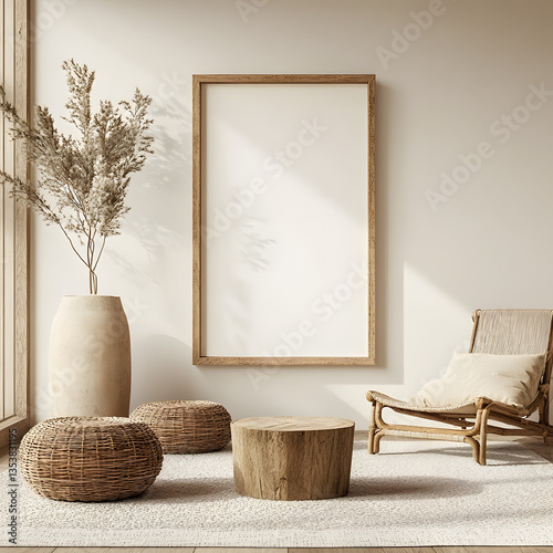 Mock up poster frame in boho style decorated livinig room. Modern, authentic Interior design of living room with wooden furnitures. photo