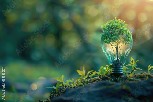 Flawless Image of Small Tree Growing on Light Bulb for Renewable Energy