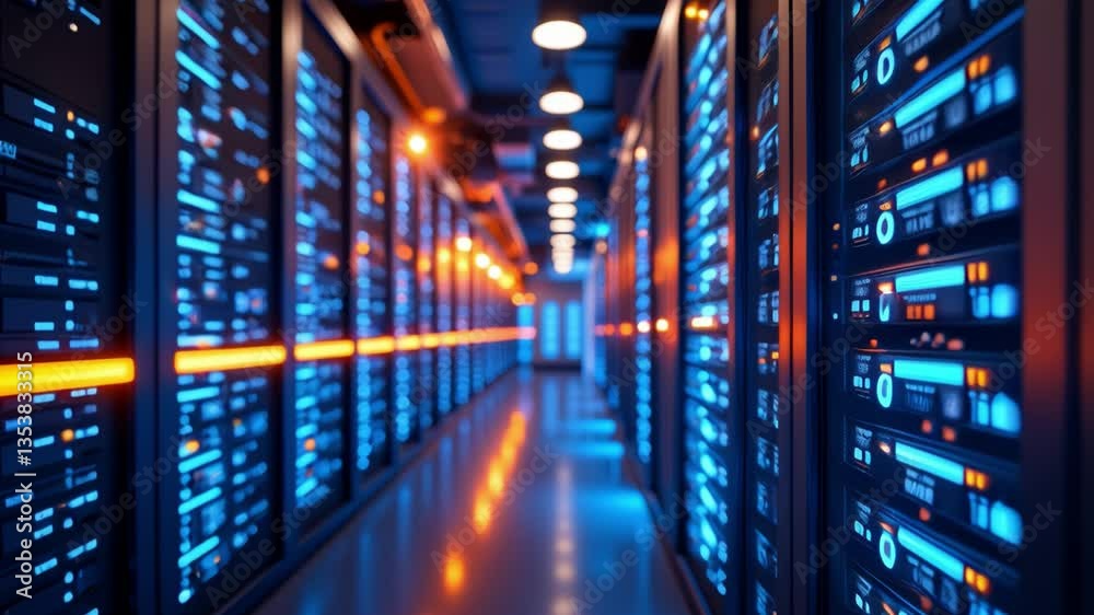 Abstract view of a modern data center with illuminated server racks showcasing vibrant blue and orange lights representing technology and digital data flow Abstract view of a modern data center with illuminated server racks showcasing vibrant blue and orange lights representing technology and digital data flow
