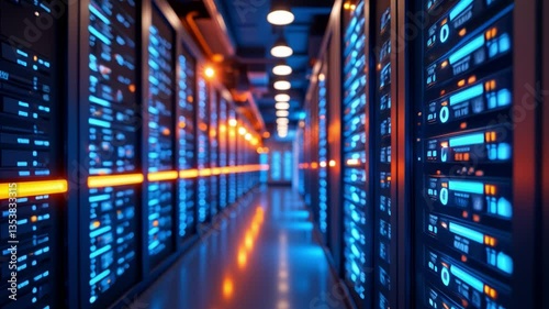 Abstract view of a modern data center with illuminated server racks showcasing vibrant blue and orange lights representing technology and digital data flow