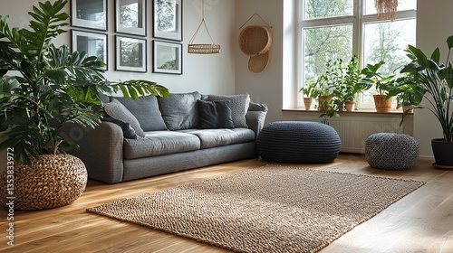 Sunlit living room with grey sofa, plants, and jute rug.