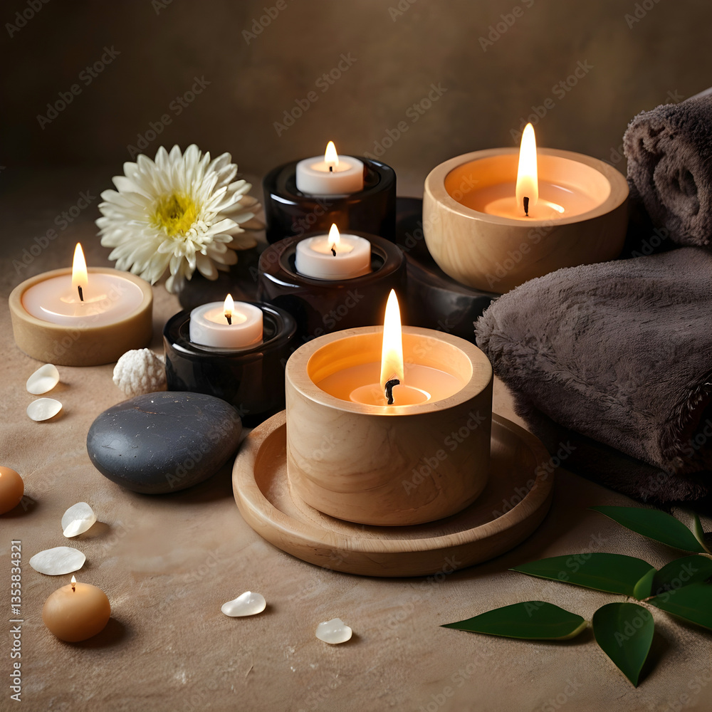 A Studio Shot of Tealight Candles in Various Holders Featuring Wooden and Ceramic Designs A Studio Shot of Tealight Candles in Various Holders Featuring Wooden and Ceramic Designs
