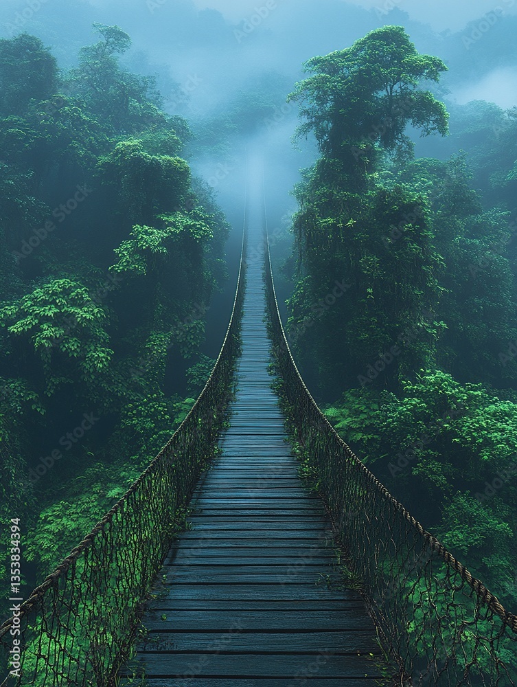 Fototapeta premium Fog enshrouds a long, elevated wooden bridge in a verdant tropical forest