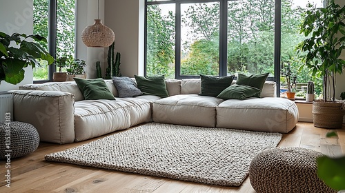 Modern living room with large sectional sofa, area rug, and plants.