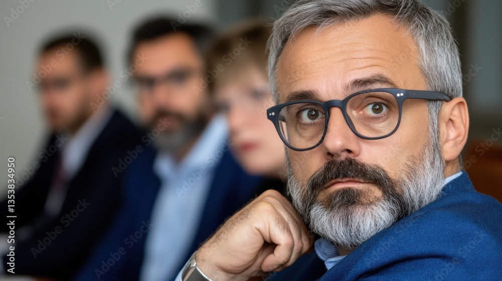 A man with glasses and a beard sits in a meeting, looking directly at the camera. The background is slightly blurred, showing other people in business attire. A man with glasses and a beard sits in a meeting, looking directly at the camera. The background is slightly blurred, showing other people in business attire.