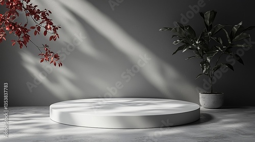 Minimalist white round podium with plants and sunlight.