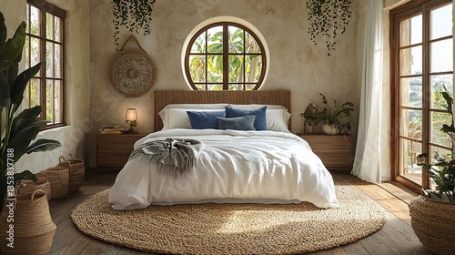 Serene boho bedroom with round window, natural textures, and tropical view.