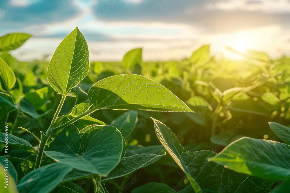 Obraz premium Sunlight filters through vibrant leaves of a soybean field, depicting nature's abundance during the peak of summer's growth season