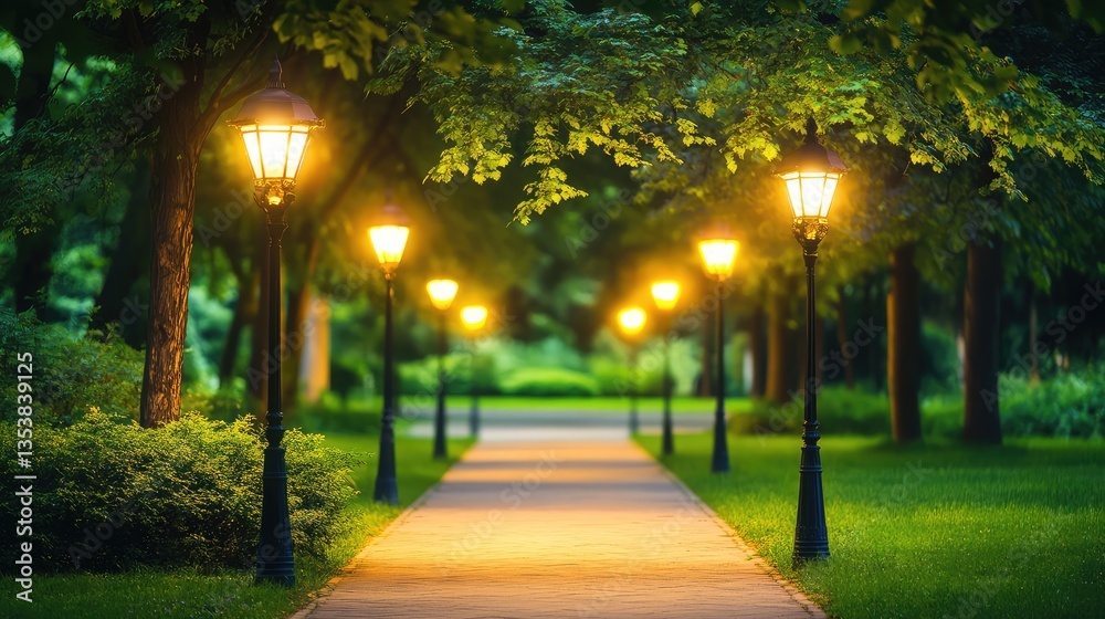Obraz premium A series of glowing street lamps casting light on a quiet park path, with copy space above for text.