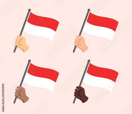 Indonesia flag in hand icon set, flag of the Republic of Indonesia symbols